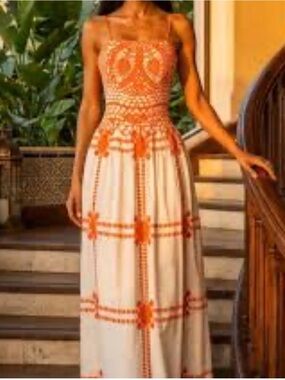 White and Orange Flowy Maxi Dress